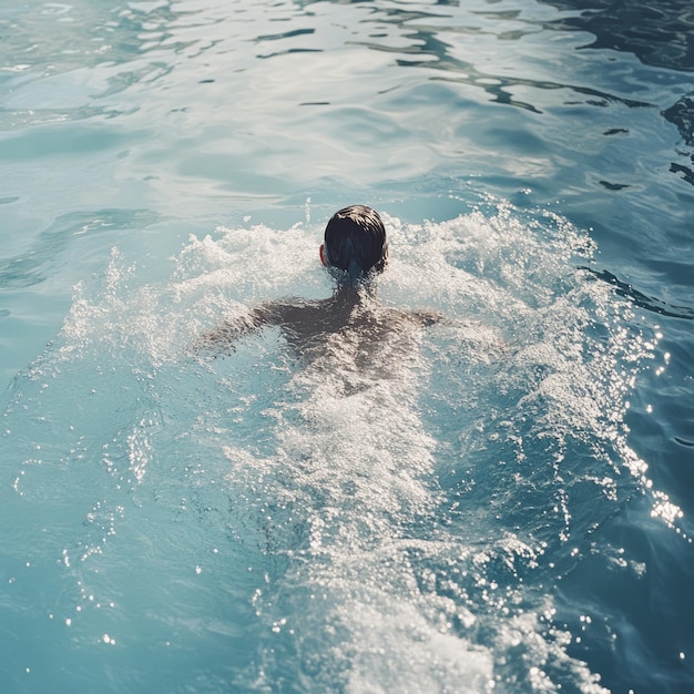 Photo a man swims through a pool of clear blue water creating a trail of bubbles in his wake