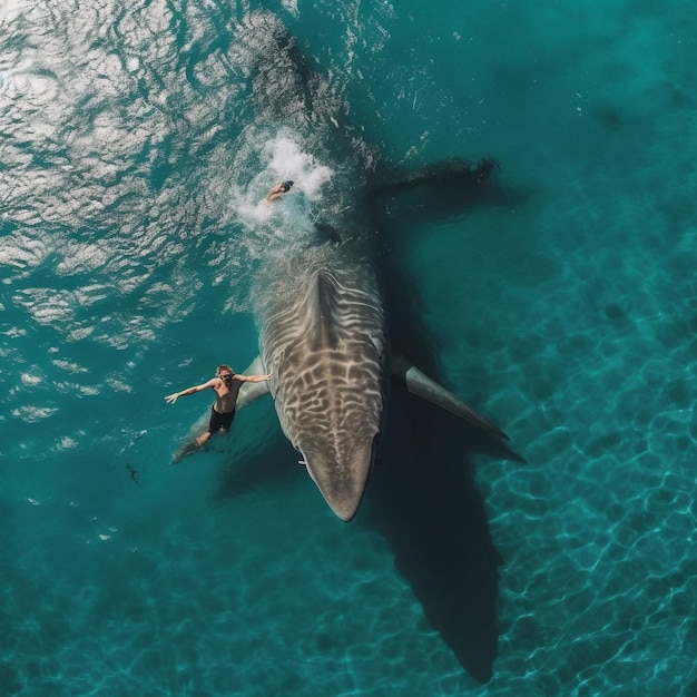 A man swims next to a whale in the ocean.