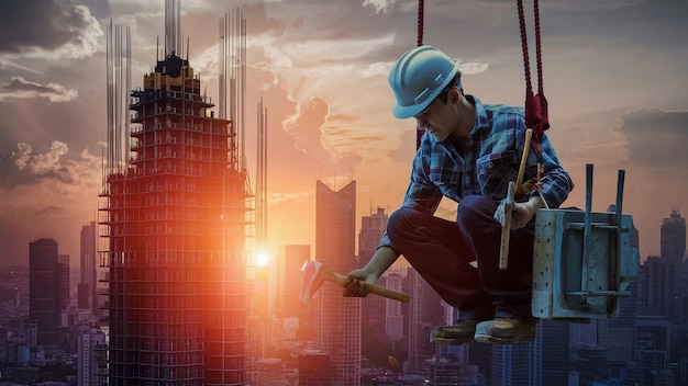 a man on a swing with a city in the background