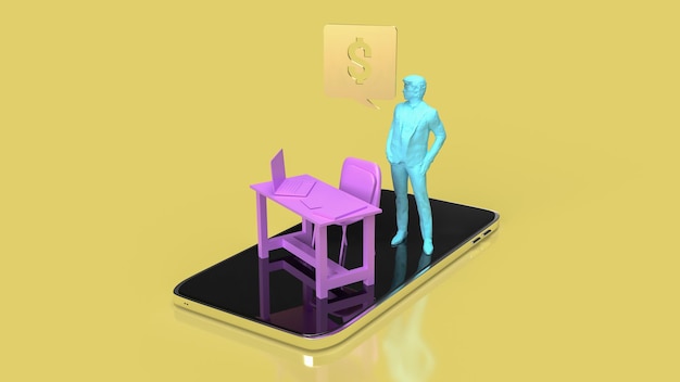 The man and table on mobile phone for work from home concept 3d rendering