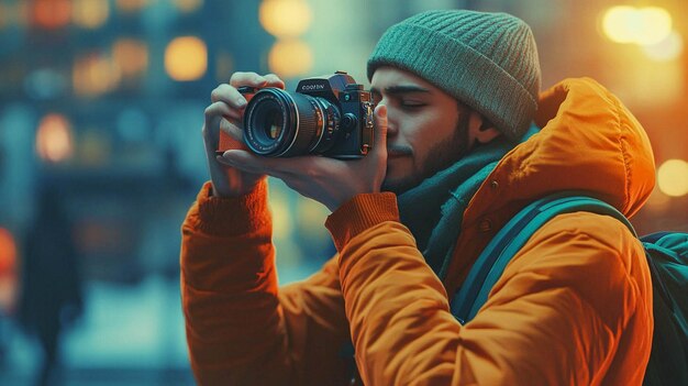 Photo a man takes a photo with a camera