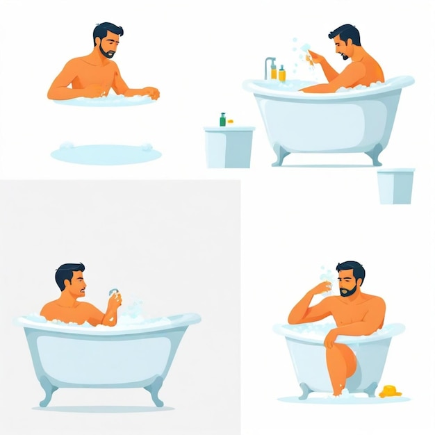 Photo man taking a bath vector set white background isolated a high quality image no