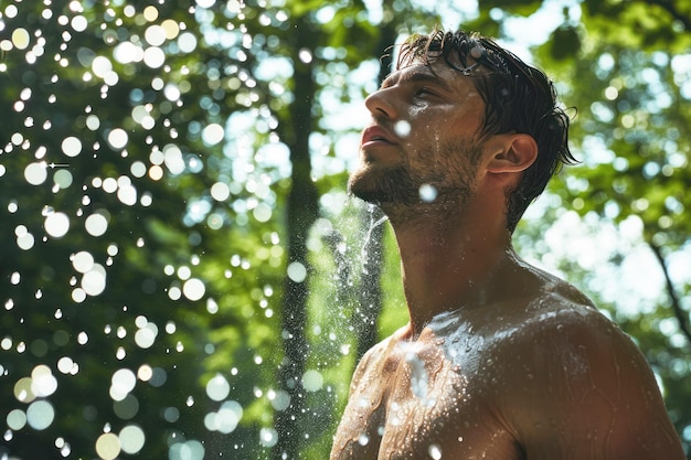 Man taking a cold shower outdoors concept of Water therapy ai generative