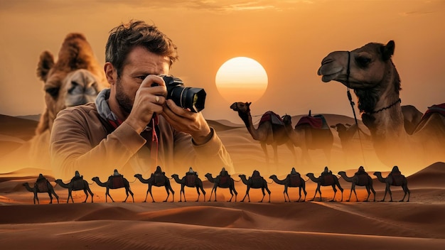 a man taking a photo of camels in the desert