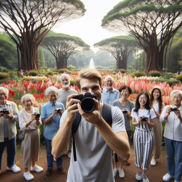 a man taking a photo of a group of people with a camera