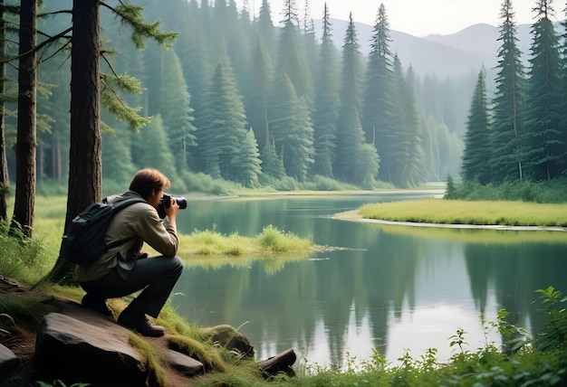 a man taking a photo of a lake with a camera