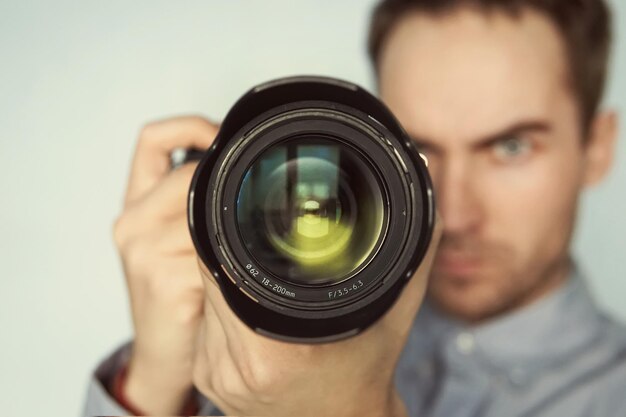 Photo man taking photo of you with mirrorless camera