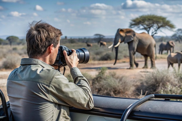 Photo man taking photos of wildlife on an african safari camera in hand