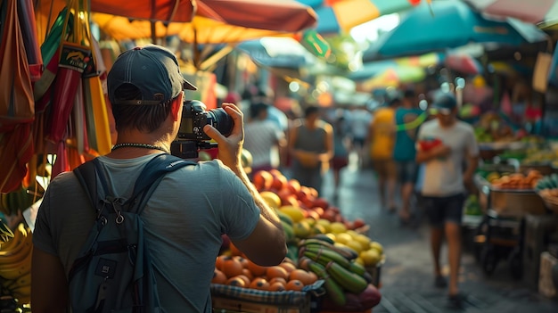 Photo a man taking a picture of a fruit stand with a camera