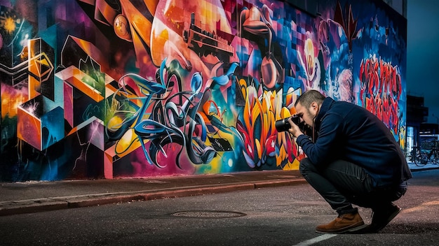 a man taking a picture of a mural with the word  t  on it