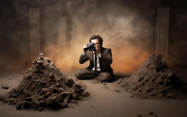 Man Taking Picture of Pile of Dirt