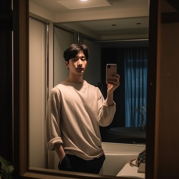 Photo a man taking a selfie in a bathroom mirror