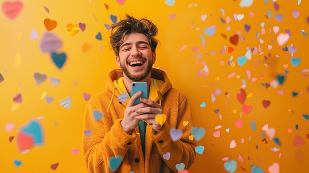 Man Taking Selfie With Confetti on Yellow Background