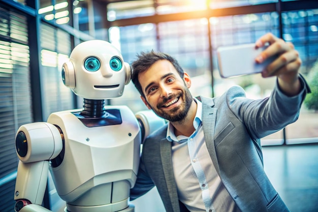 man taking selfie with cute robot