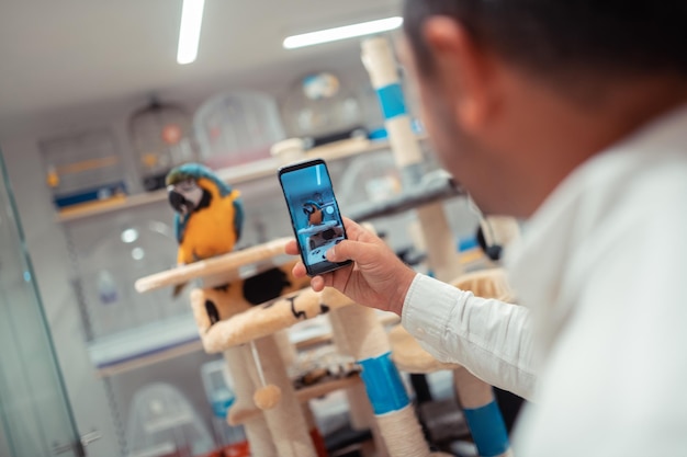 Man taking smartphone while taking picture of bright parrot