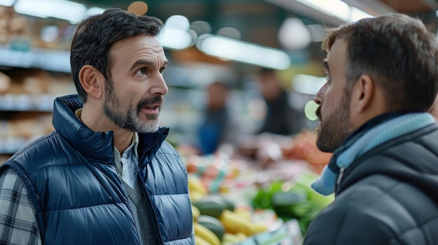 Photo a man talking to another man in a market with a man in a blue jacket