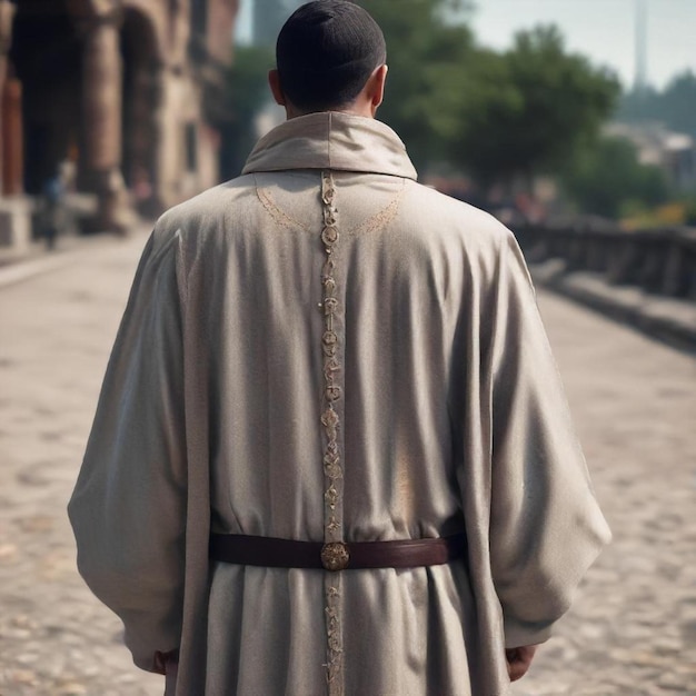 Photo a man in a tan coat walks down a street