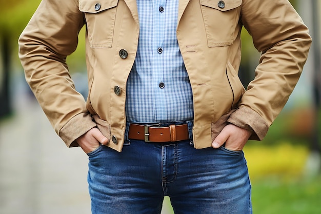 Photo a man in a tan jacket stands with his hands on his hips