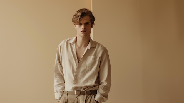 a man in a tan shirt and khaki pants stands in front of a wall