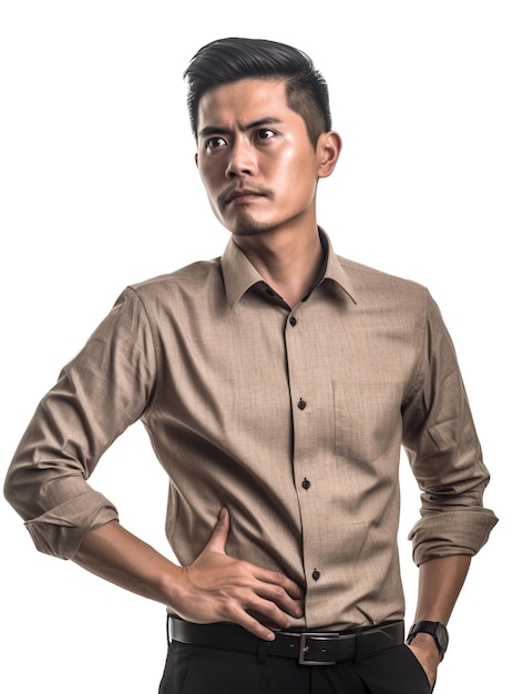 A man in a tan shirt stands in front of a white background.