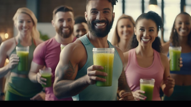 A man in a tank top holds a glass of green smoothie with the word green on it.