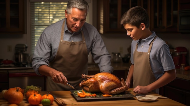 Man teaches his grandkid how to cook a Thanksgiving turkey