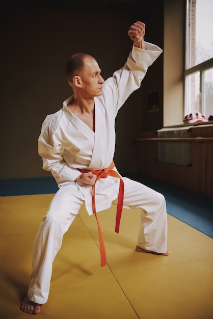 Man teaches techniques of karate strikes in the hall