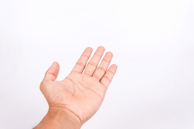 Man teen hand to hold gadget, isolated on white background