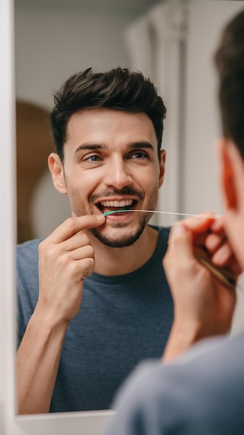 Man teeth and flossing with morning routine in home for grooming oral care and hygiene for wellne