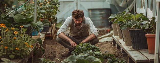 Photo a man tending to plants in a greenhouse