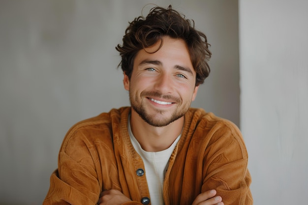 A man that is sitting down with his arms crossed