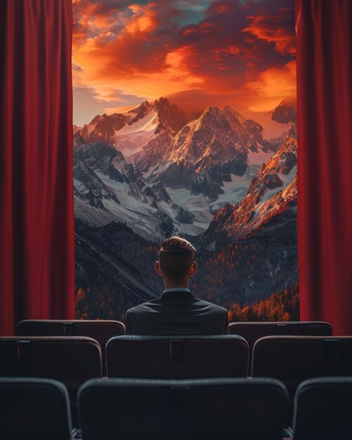 Photo man in theater seat dressed formally gazes at stunning sunset over mountains