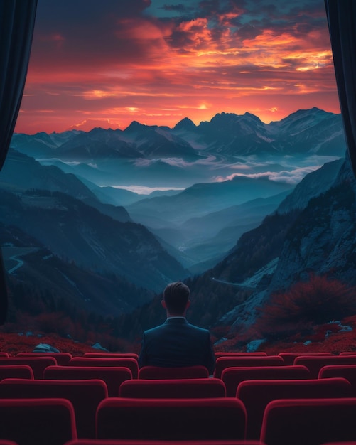 Man in theater seat dressed formally gazes at stunning sunset over mountains