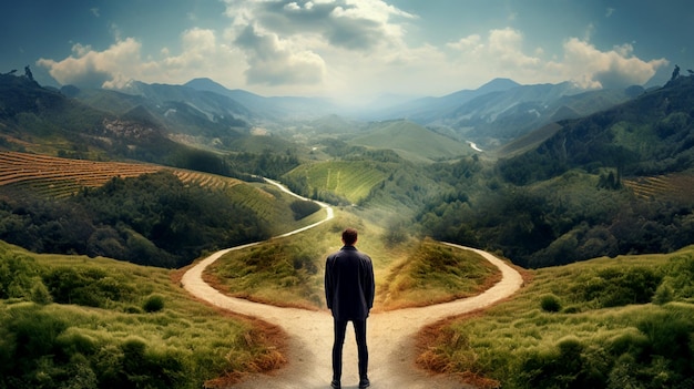 Man thinking in two roads how to improvement attractive nature and hills both side