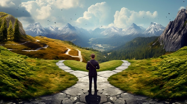 Man thinking in two roads how to improvement attractive nature and hills both side