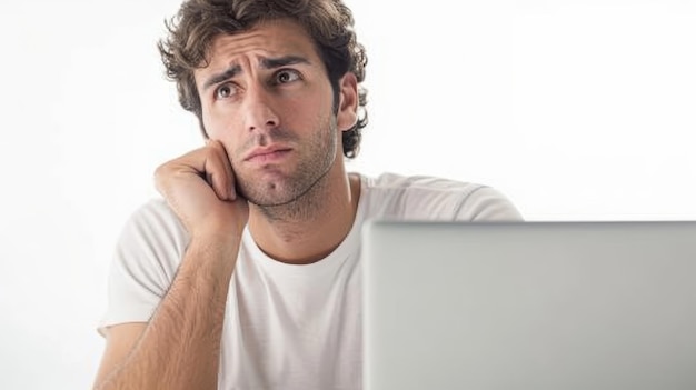 Man Thinking with Laptop on transparent background