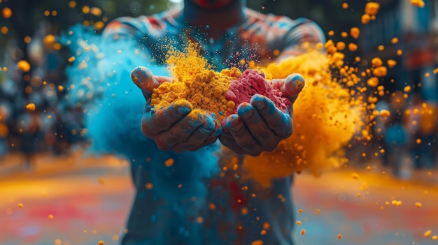 Photo man throwing colored powder on hands