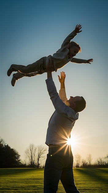 Man throws his son up posing on the field in lights of evening sun