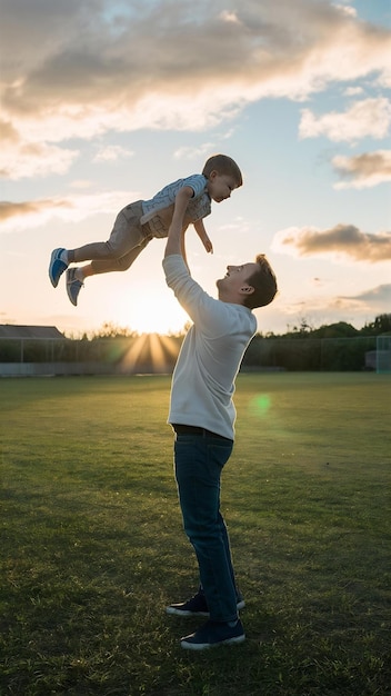 Man throws his son up posing on the field in lights of evening sun