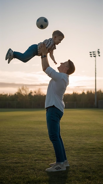 Man throws his son up posing on the field in lights of evening sun