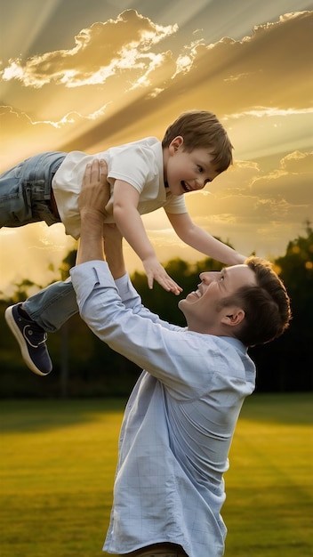 Man throws his son up posing on the field in lights of evening sun