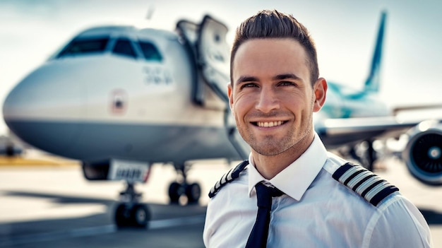 Photo a man in a tie and shirt is smiling next to a plane