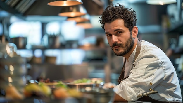 Photo a man in a tie sits in front of a large dish with food on it