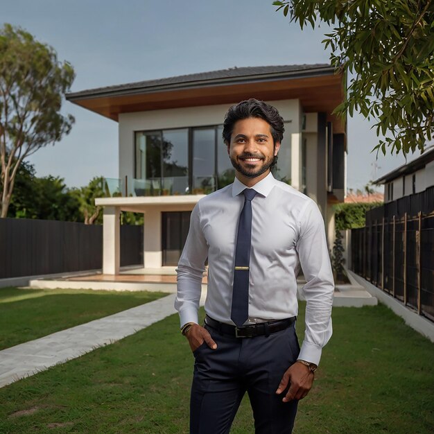 a man in a tie stands in front of a house