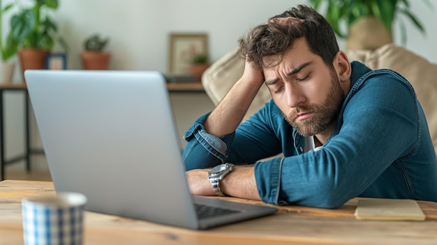 Man tired and frustrated while using a laptop