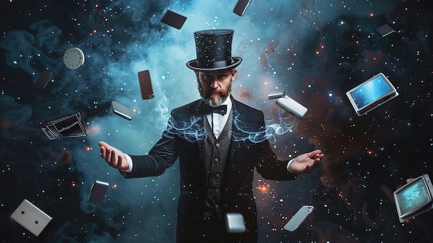 Photo a man in a top hat is throwing cards in the air