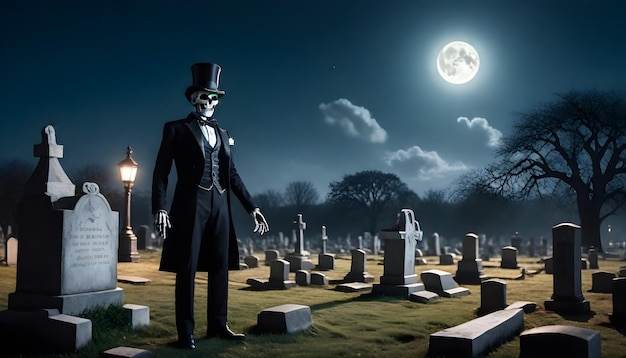 a man in a top hat stands in a cemetery with a full moon in the background