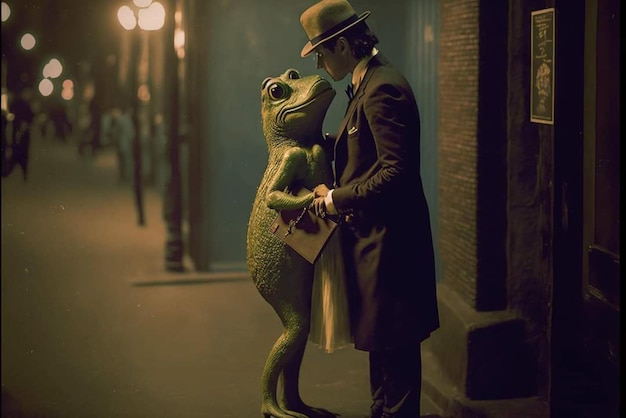 A man in a top hat and top hat stands next to a frog statue.