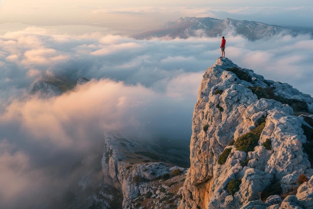 Photo man on top of a mountain peak stock photo