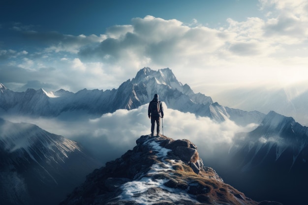 Man on top of mountain with beautiful sky landscape